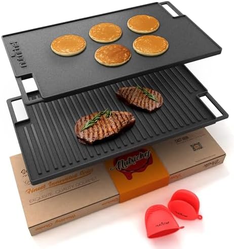 NutriChef Cast Iron Reversible Griddle 18x10 Inch – Pre-Seasoned Flat Top & Ridged Grill Side, Stove Top Griddle for Gas Grill, Outdoor & Indoor Cooking