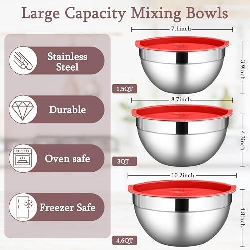 LIANYU Stainless Steel Mixing Bowls with Lid, Kitchen Baking Bowl Set of 3