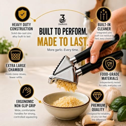 3WAVES Garlic Press | Built-In Cleaner | Large Chamber for Multiple Cloves | Heavy Duty | Ergonomic Handle | Rust-Resistant Die Cast Zinc Alloy | Food-Grade & Independently Tested