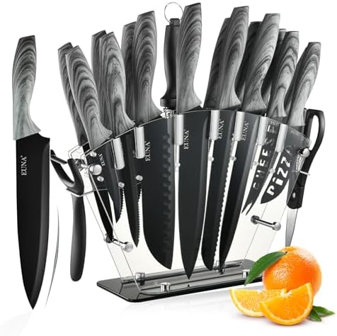 EUNA Knife Block Set, 19 PCS Kitchen Knife Set with Acrylic Block and Sharpener, German High-Carbon Stainless Steel Knife Sets with 6 Serrated Steak Knives, Bread Knife, Chef Knife, Dishwasher Safe