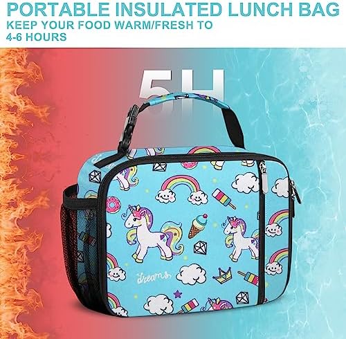 esouler Lunch Box Kids Insulated Lunch Bag for Boys & Girls Durable Children Lunchbox for School with Water Bottle Holder-Blue Unicorn