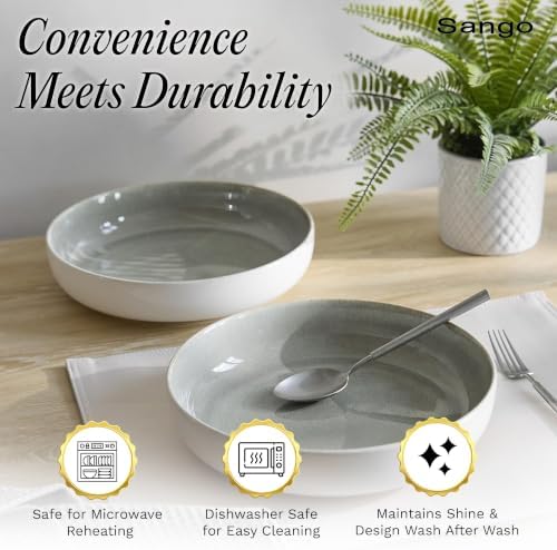 SANGO Resona Moss Large Serving Bowl (Set of 2), 64.25 oz, 10" Stoneware Bowls for Pasta, Salad & Dinner, Big Ceramic Bowls for Entertaining with Glossy Reactive Glaze, Dishwasher & Microwave Safe