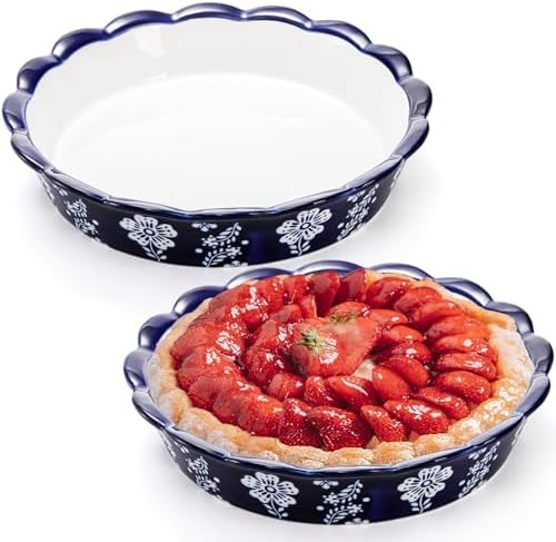 Tosnail 2 Pack 9.5" Ceramic Pie Pan, Deep Pie Dish, Fancy Pie Plates, Nonstick Large Quiche Pan Round Baking Dish for Fruit Tarts, Apple Pies, Cakes, Quiches