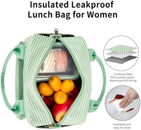 GASSDA Lunch Box for Women Insulated Lunch Bag Women Adult Cute Lunch Bags Reusable Lunchbox Cooler Tote Bag for Work Picnic (Green and white stripes)