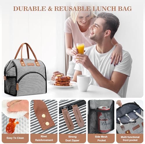 LOKASS Lunch Bag Insulated Lunch Box Wide-Open Lunch Tote Bag Large Drinks Holder Durable Canvas Thermal Snack Organizer for Women Men Adults Work Picnic Hiking Beach Fishing,Stripes