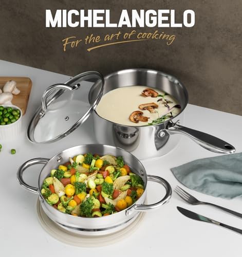 MICHELANGELO Stainless Steel Saucepan with Lid & Steamer, 3 Quart Sauce Pan with Lid, Steamer Pot with Pour Spout, 3 Qt Stainless Steel Pot, Induction Compatible, Oven Safe