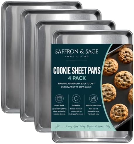 Commerical Quality Cookie Sheet Pan - 4 Pack Aluminum Half Sheet Baking Pan by Saffron & Sage Home Living - This 18x13 Rimmed Baking Sheet Set is Rust & Warp Resistant, Heavy Duty, of Thick Gauge