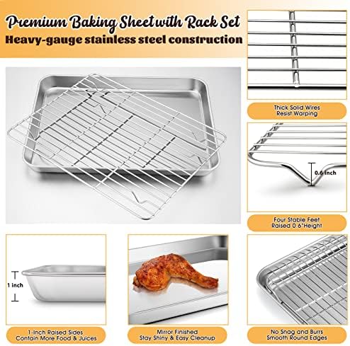 Stainless Steel Baking Sheet with Rack Set, E-far 12.4”x9.7” Cookie Sheet Broiling Pan for Oven, Rimmed Metal Tray with Wire Rack for Cooking/Baking/Cooling/Bacon, Non-toxic & Dishwasher Safe