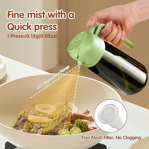 YARRAMATE 16oz/470ml Light Blocking Oil Sprayer for Cooking with Stickers, Food-Grade 2 in 1 Olive Oil Dispenser Bottle for Kitchen, Premium Dark Green Glass Oil Bottle for Air Fryer, BBQ (Green)