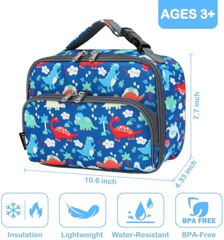 FlowFly Kids Lunch box Insulated Soft Bag Mini Cooer Back to School Thermal Meal Tote Kit for Girls, Boys,Dinosaur