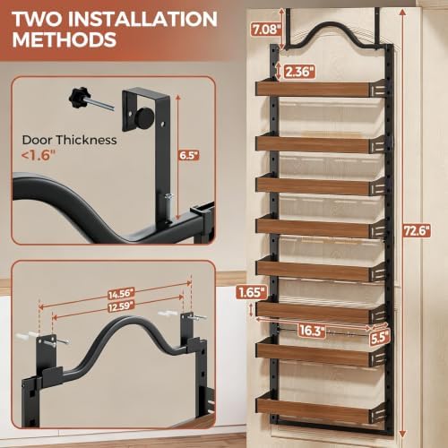 8-Tier Pantry Door Organizer, Over the Door Pantry Organizer with Wooden Adjustable Baskets, 2 IN 1 Spice Rack Wall Mount or Door Organizer, Door Spice Rack for Pantry（72.6×17.1×5.1in,Black)