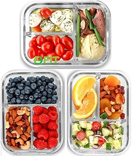 Glass Meal Prep Containers 3 Compartment, 3 Pack 32 oz Leakproof Lids Blue
