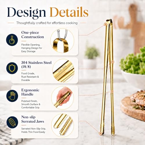 Stainless Steel Kitchen Tongs Set of 3, 6-11.5in Non-Slip Gold
