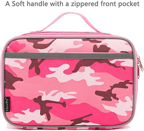 FlowFly Kids Lunch box Insulated Soft Bag Mini Cooler Back to School Thermal Meal Tote Kit for Girls, Boys, PinkCamo