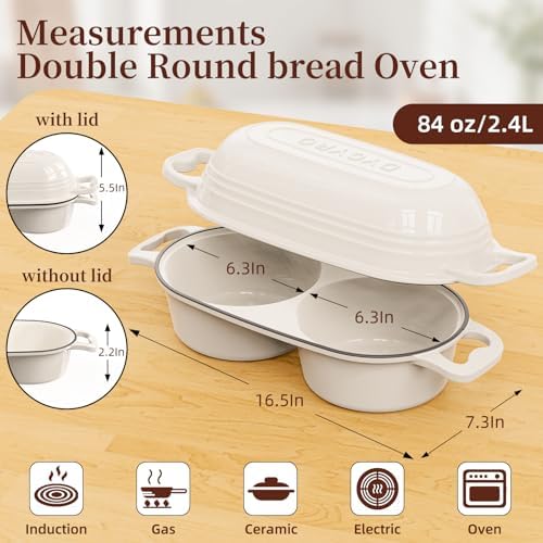Enameled Cast Iron Double Round Bread Loaf Pot with Lid –Cream White