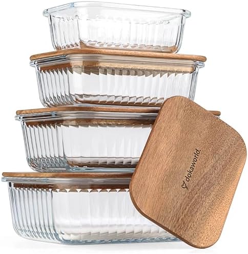 Ribbed Glass 4 Stackable Meal Prep Containers with Acacia Lids
