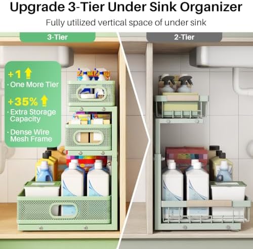 Kitstorack Under Sink Organizer, 2-Pack 3-Tier Height Adjustable Thickened Metal Pull out Cabinet Organizer Shelf, Slide out Storage Drawer Rack for Bathroom Kitchen Pantry Home Organization, Green