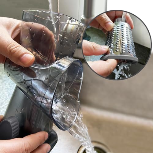 Rotary Cheese Grater Shredder with Handle Handheld Round Mandoline Vegetable Slicer Carrot Shredder Nut Grinder with 3 Replaceable Stainless Steel Drum Blades and Upgrade Strong Suction, Dark Grey