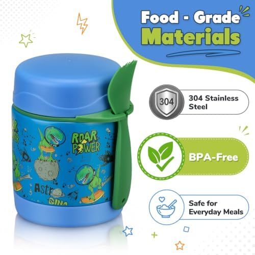 Howeemo 10oz Soup Thermo for Hot Food Kids, Leak Proof Stainless Steel Wide Mouth Lunch Food Jar with Spoon, Dinosaur Blue