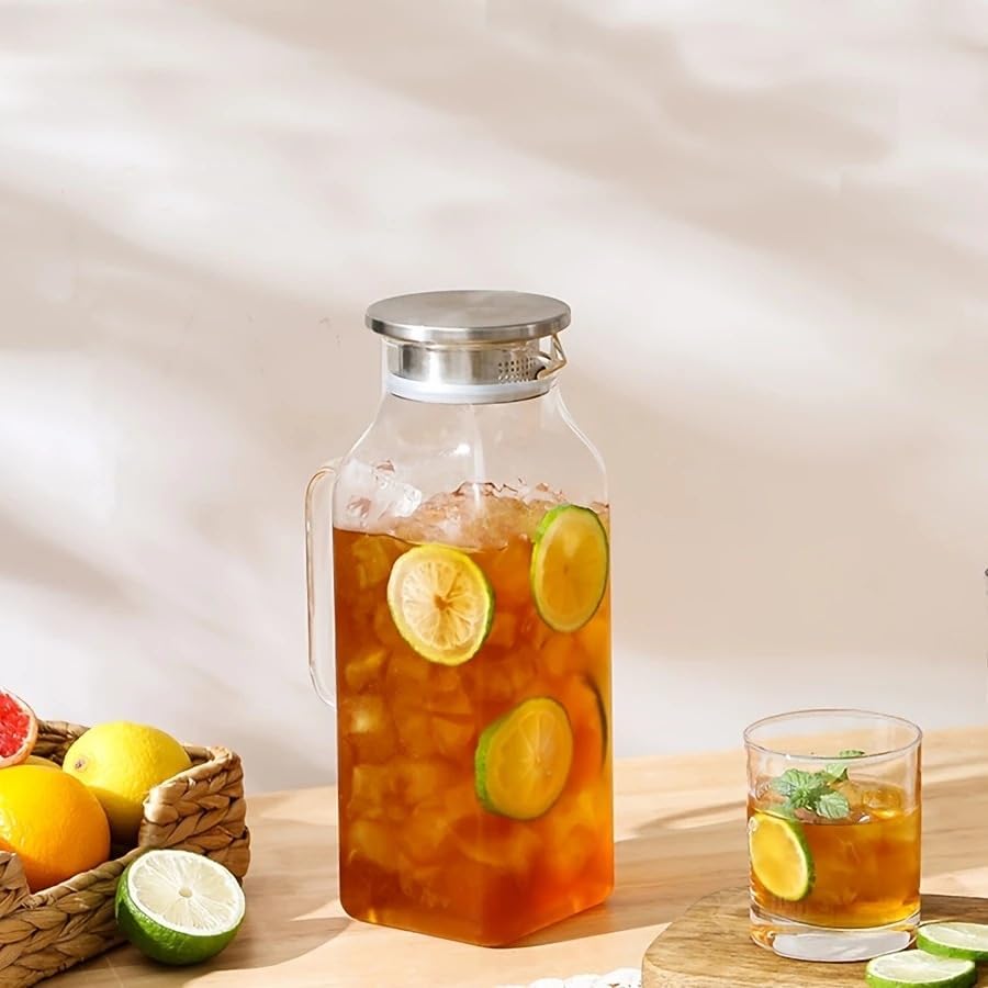 2 Pack 2 Liters/68 oz Square Glass Pitcher with Lid and Handle, Glass Carafe for Hot/Cold Water, Large Iced Tea Pitcher for Coffee, Juice