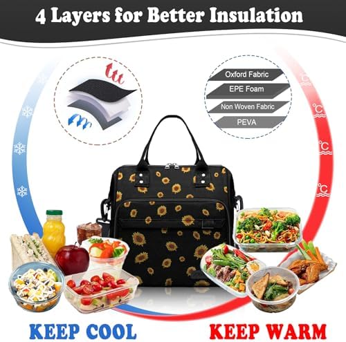TuErCao Sunflower Lunch Box for Women, Adult Insulated Lunch Bag for Work for Teacher Nurse Mom, Ladies Lunch Tote Bag, Loncheras para Mujer de Trabajo