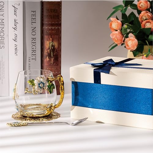 Flower Tea Cup ,Butterfly Daisy Clear Glass Fancy Coffee Mug with Spoon,Gift Box, Hot And Cold Drinks Use,For Her Mom Wife Grandma Girls Friends Valentines Christmas Birthday Present Idea for Juice