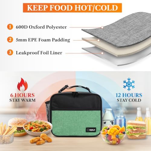 opux Insulated Lunch Bag for Kids, Reusable Lunch Box for School, Green