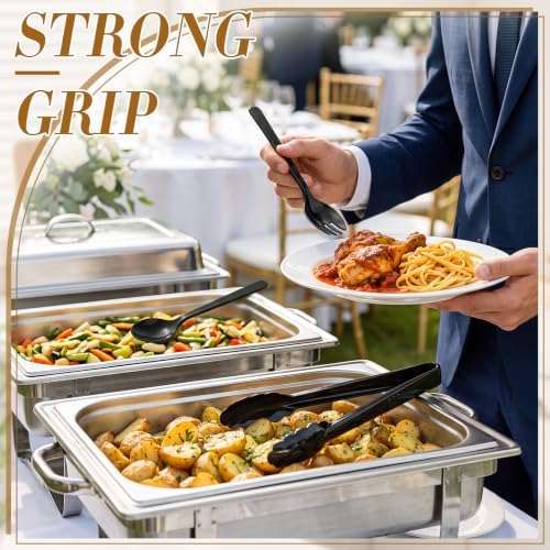 FoldTier 18 Pcs Disposable Plastic Serving Utensils Set Black Serving Spoons Forks Tongs, Disposable Utensils for Party Weddings Birthday Dinner Buffets Banquets