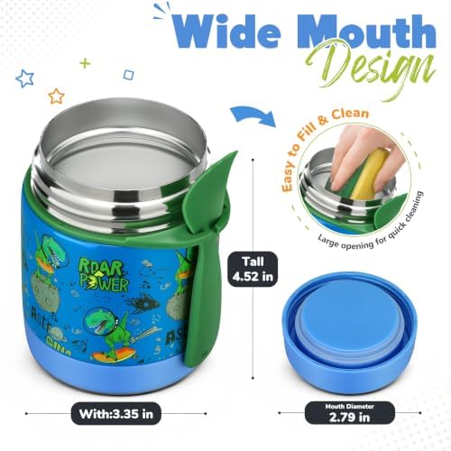 Howeemo 10oz Soup Thermo for Hot Food Kids, Leak Proof Stainless Steel Wide Mouth Lunch Food Jar with Spoon, Dinosaur Blue
