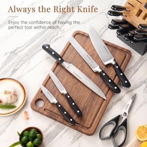 Astercook Kitchen Knife Set Full Tang with Block and Sharpener Elegant