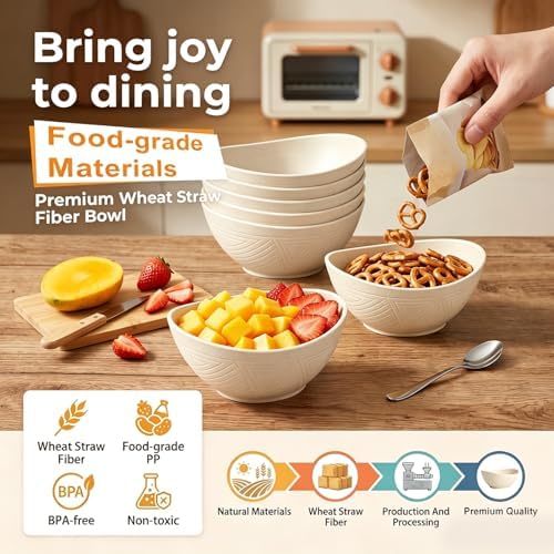 Salad Bowls 26oz, Oval Wheat Straw Bowls Sets of 6 - Beige