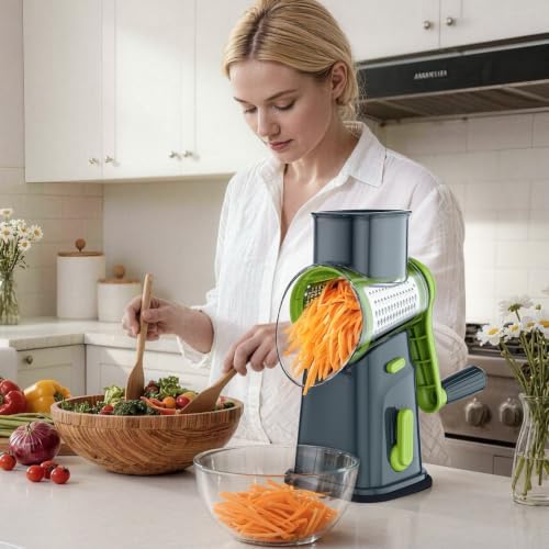 Ourokhome Rotary Cheese Grater Cheese Shredder with 5 Interchangeable Blades, Rotary Grater with Non-slip Suction Base Hand Crank Slicer for Vegetable Nuts Grey
