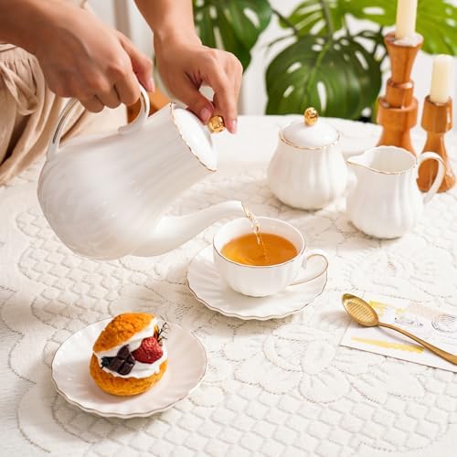 Agyiuns Tea Pot, Porcelain Teapot 37oz，tea pots for tea party，Tea Infuser Pots for Blooming loose Leaf Tea(White)