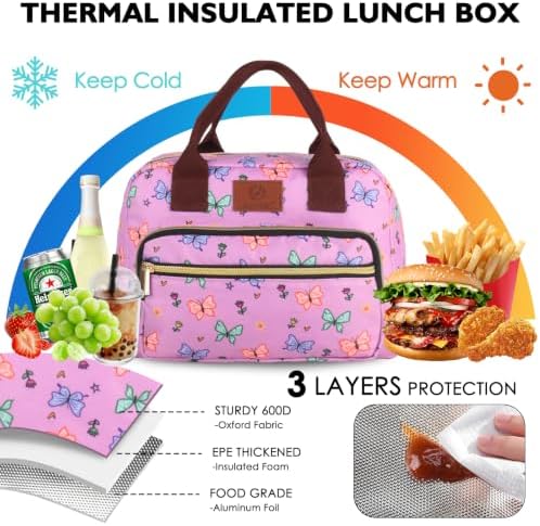 Insulated Lunch box for Women,Leakproof Quilted Thermal Lunch Bag, 14L Large Capacity Lunch Tote Bag Lightweight LunchBox Cooler for Work, School, Picnic or Travel with 2 Front Pocket-Butterfly