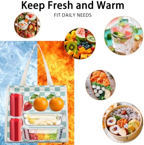 Insulated Lunch Bag for Work, 10.2"x5.9"x10.2" Oxford Waterproof Lunch Tote, Thermal Lunch Box for Office, Picnic & Outdoor, Striped Canvas Tote Bag -Check Green