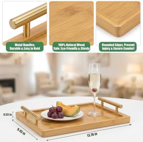 PEKER Wooden Serving Tray with Metal Handles, Black Decorative Coffee Table Tray for Breakfast in Bed, Ottoman & Home Décor, Wooden Food Tray for Kitchen