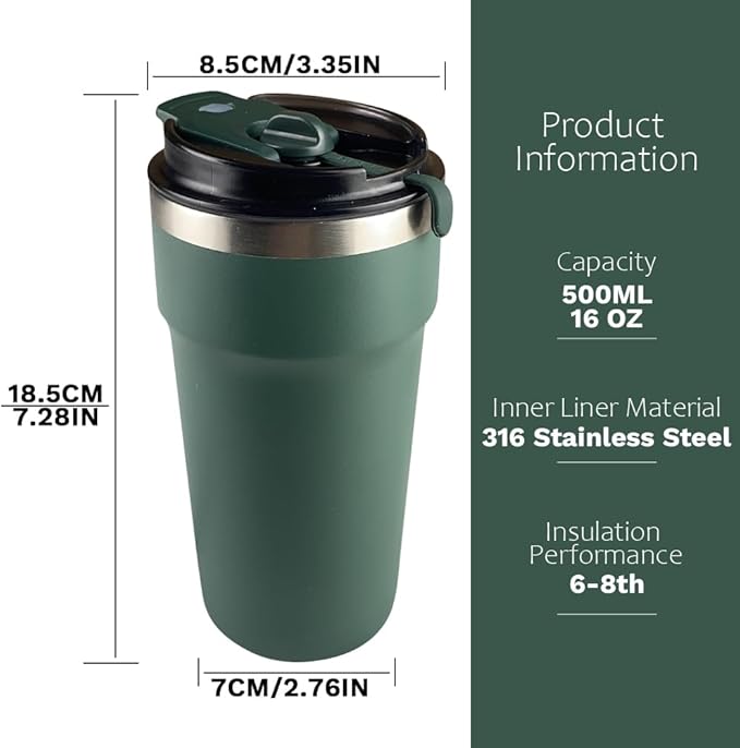 Travel Coffee Mugs Leak-Proof, Reusable Coffee Cups with Lids, Stainless Steel Vacuum Insulated Coffee Tumblers, Thermal Insulation Cups for Men and Women Hot & Cold Drinks(4th-Green, 16OZ)