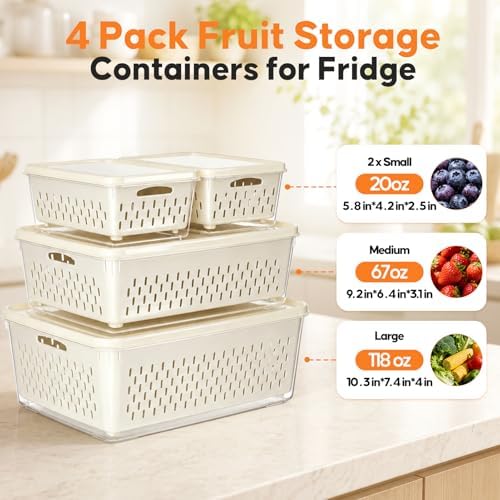 4 Pack Fruit Storage Containers for Fridge, Plastic Food Storage Container