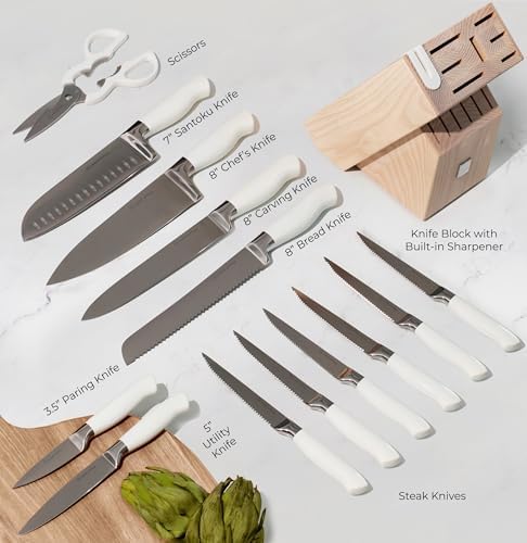 Styled Settings White Knife Set with Block and Sharpener, 14-Piece