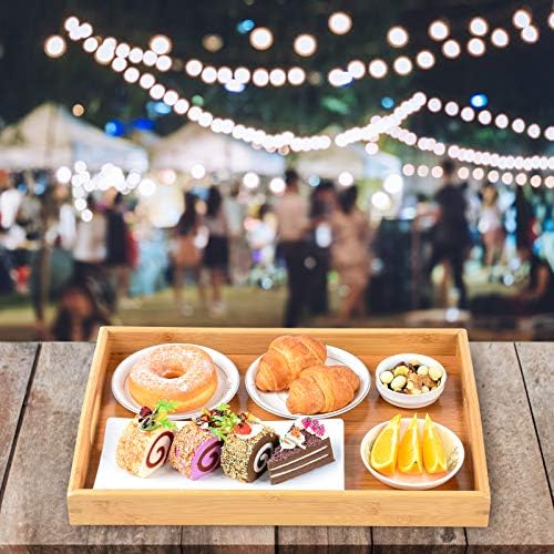 3 Pack Bamboo Serving Trays with Handles, Wooden Food Trays (Beige)
