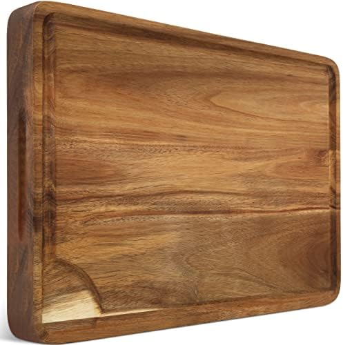 AZRHOM Large Acacia Wood Cutting Board for Kitchen 17x12x1.5 with 3 Compartments, Handles & Juice Groove, Non-Slip Mats, Thick Heavy Duty Butcher Block Charcuterie Board (Gift Box Included)