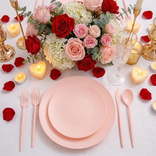 EjonirInjonir 150pcs Heavy Duty Pink Plastic Plates for Wedding Matte Set