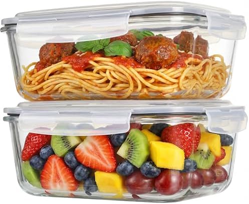 2 Pack 63oz Large Glass Storage Containers with Lids Big Meal Prep Food Container Set for Storing food, vegetables or fruits, BPA Free, Freezer Dishwasher Oven Safe (gray)