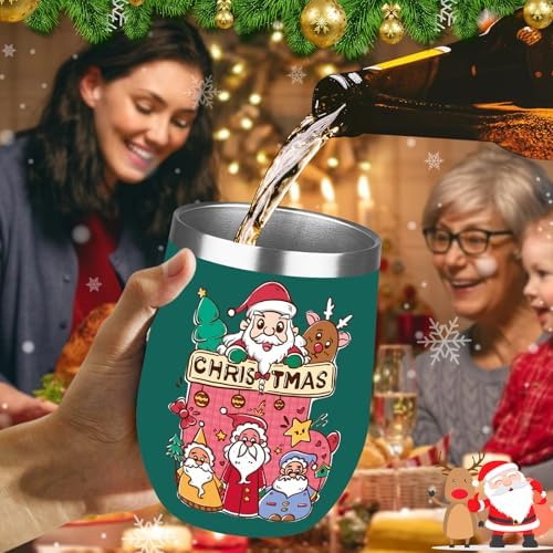 Christmas Wine Tumbler 12 oz Stainless Steel Wine Tumble Insulated Wine Tumbler with Lid Christmas Wine Glass Gifts with Straw and Brushes for Women Men Xmas Wedding Party (Green)