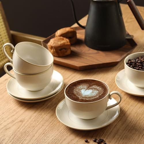 12Oz Coffee Cups with Saucers, Ceramic Cappuccino Cups Set of 4, Cappuccino Mugs Set, Tea Mugs and Saucer, Large Coffee Cup for Espresso, Latte, Microwave Dishwasher Safe Drinkware