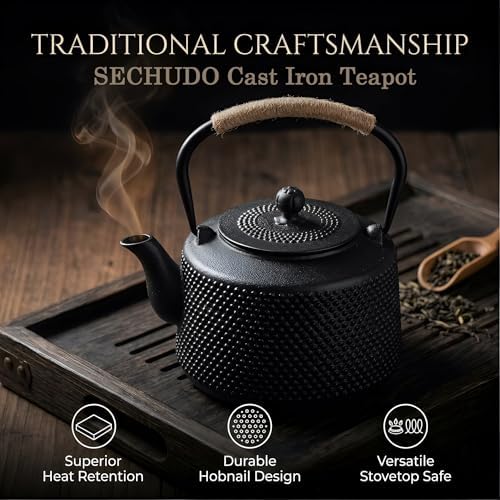 54oz Hobnail Cast Iron Teapot for Stovetop, Tea Kettle with Infuser for Loose Leaf, Tea Pot Suitable for Gas, Wood, Induction Stoves, Ideal for 3-5 People, Enhances Tea Flavor & Heat Retention