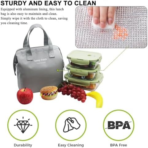 Mziart Insulated Lunch Bag Simple Cute Lunch Box for Women Men, Grey, Small