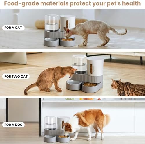 2 Pack Automatic Cat Feeder Stainless Steel Water Dispenser Gravity Food Feeder and Waterer Set with Pet Food Bowl for Small Medium Kitten Puppy Pets Large Capacity(Grey)