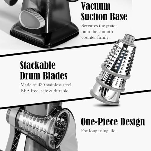 Badelite Cheese Grater Hand Crank Rotating Cheese Shredder Stainless Steel Vegetable Slicer Grater for Kitchen 3 Blades for Cheese, Carrot, Cucumber, Nuts, Chocolate, Dark Grey