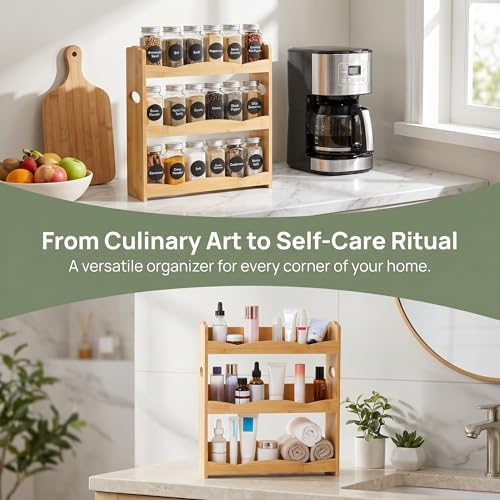 Jucoan 3-Tier Bamboo Spice Rack for Countertop, Wall Mounted Spice Holder Rack Seasoning Bottles Jar Organizer Shelf, Bathroom Organizer Rack, Spice Rack Only, Jars No Included, No Assembly Required